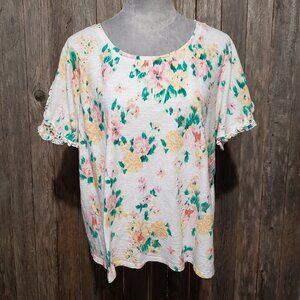 LC Lauren Conrad XXL 2X Women's Tee Top White Floral Ruffle Cottagecore Cotton